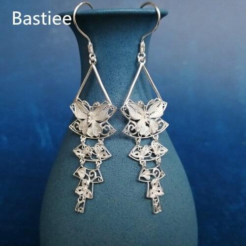 Bastiee 999 Sterling Silver Butterfly Earrings For Women Luxury Jewelry Miao Handmade Drop Long Earings Ethnic Vintage Hmong