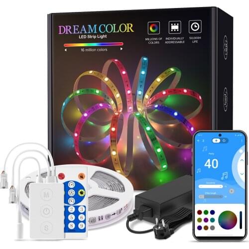 Bluetooth Music APP Control Dreamcolor LED Strip Light RGB IC Flexible Led Light Strip for Room TV Bedroom Party Kitchen 10M 20M