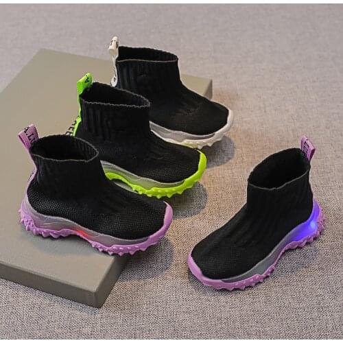 Childrens Shoes Wool Knitted Socks Shoes for Boys Girls 2021 Autumn New Kids Running Shoes with LED Fashion Non-slip Sneakers