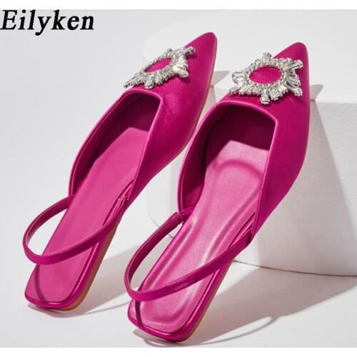 Eilyken New Fashion Brand Crystal Buckle Designer Pumps Shoes Pointed Toe Slingback Slip On Mules Ladies Dress Flat Sandals