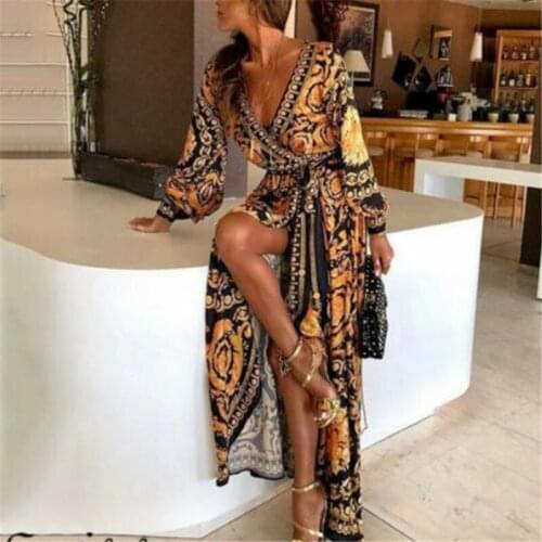 Hirigin Women Dress Vintage Deep V-neck Print Maxi Ladies Long Sleeve Formal Dresses Sexy Clubwear Party Sundress 2020