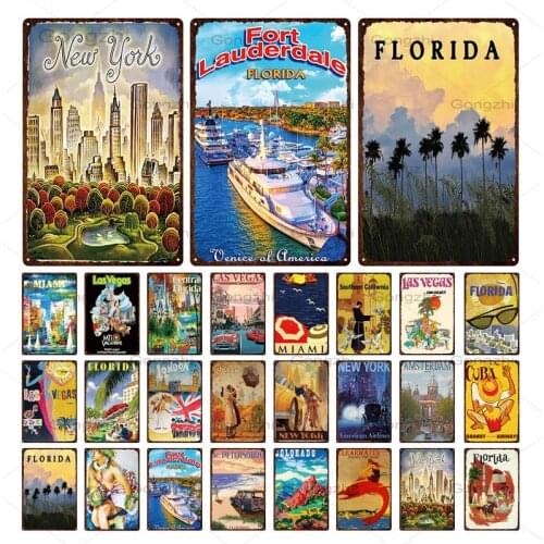 Famous Tourist City Metal Tin Sign Rome Paris London Classic Architecture Retro Metal Plaque Home Decoration Poster Wall Decor