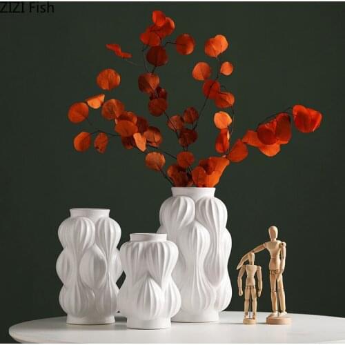 European White Embossed Ceramic Vase Dried Flower Flower Arrangement Decoration Countertop Irregular Flower Vase Home Decoration
