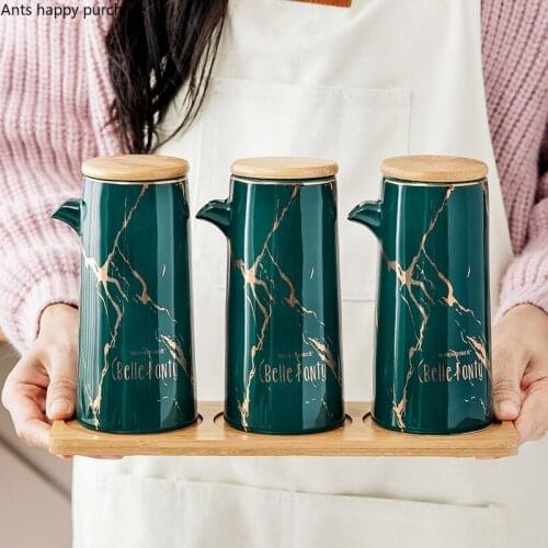 Creative Marbled Ceramic Oil Pot Household Kitchen Storage Soy Sauce Vinegar Bottle Dark Green Seasoning Jar Home Decoration New