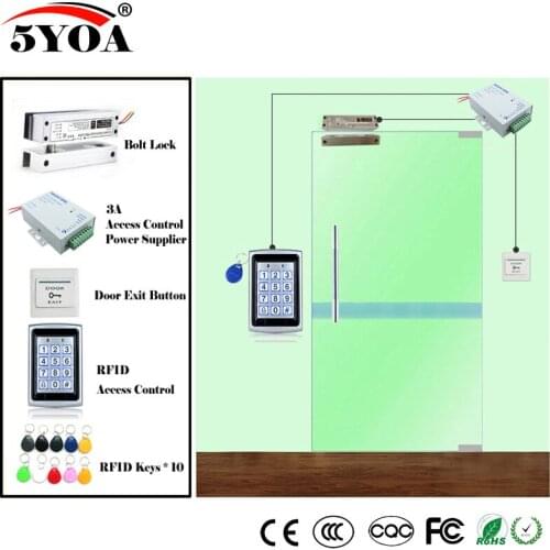 RFID Metal Access Control System Kit Wooden Glasses Door Set+Eletric Bolt Lock+ID Card Keytab+Power Supply+Exit Button