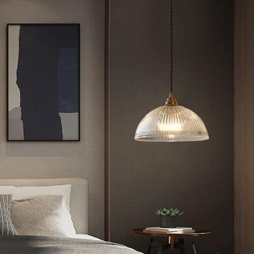 Creative Brass Chandelier Dining Room Living Room Study Bedroom Bedside Lamp Simple Striped Bowl Glass Pendant Lights E27