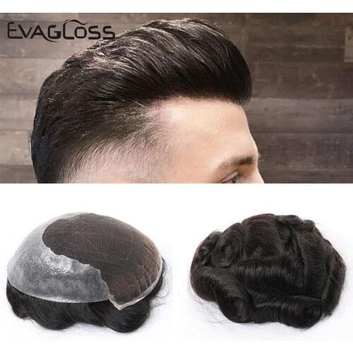 EVAGLOSS Mens Toupee French Lace Thin PU Remy Human Hair Mens Wig Hair Pieces Unit Hair System for Man Hair Prosthesis Male Wig