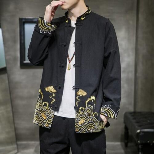 Chinese Style Embroidered Jacket 2020 Cotton Linen Tang Suit Wudang Disc Button Chinese Tunic Suit Plus Size Tops Men Cloting