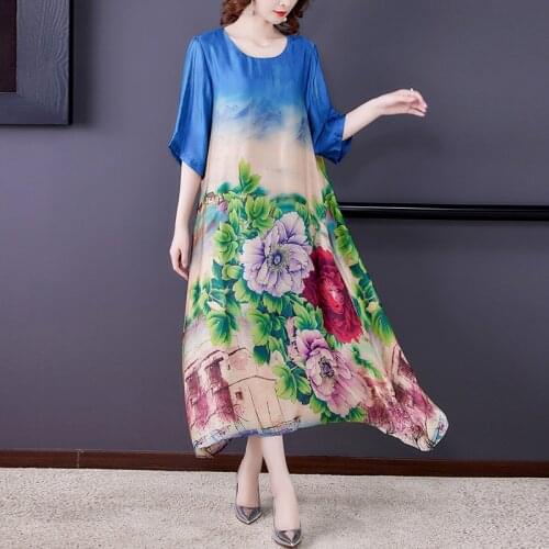 2021 Loose Casual Print Mulberry Silk Maxi Dress Summer Vintage 4XL Plus Size Chiffon Dress Women Elegant Bodycon Party Vestidos
