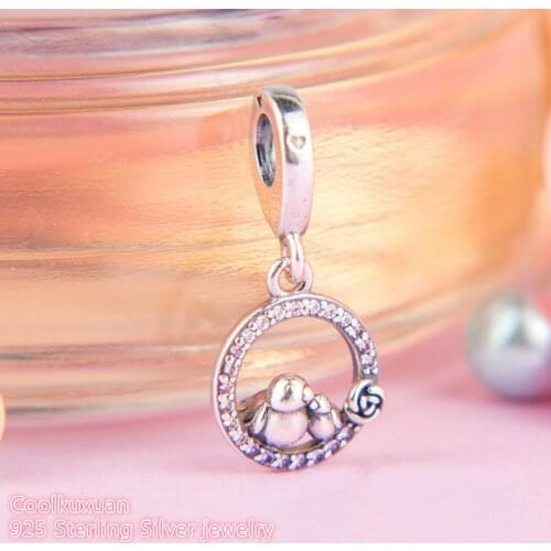 Authentic 925 Sterling Silver Mother & Baby Bird Dangle Charm, Soft Pink & Lilac Crystals & Clear CZ Fit Pandora Charms Bracelet