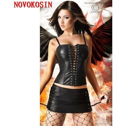 S-2XL Black Faux Leather Lady Shaper Underwear Set Front Lacing Fashion PVC Long Bustier Sexy Corset With Short Lacing Dress
