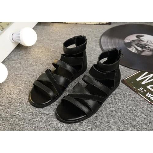Black Fashion Summer real genuine leather Roman skin peep toe sandals high ankle back counter mens beach outdoor shoes for men