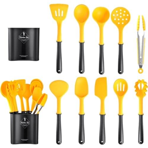 11PCS Silicone Handle Storage Barreled Non Stick Cookware Cooking Spoon Spatula Food Clip Oil Brush Whisk Kitchen tool