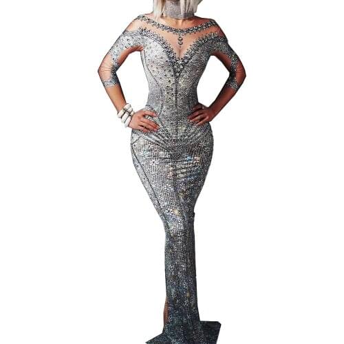 Party Dress For Women Silver Rhinestones Split Fork Dress Floor-Length Fishtail Dresses Nightclub Dance Show Wear Stage Outfit