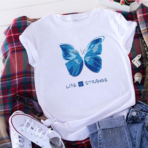 T Shirt Ladies Butterfly Strange Print T-shirt O Neck Short Sleeve Tshirt 100% Cotton Tees 2021 Summer Tops for Women