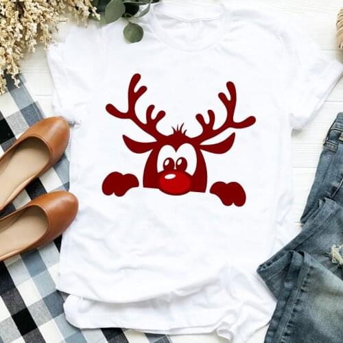 Women Lady Deer Animal Cartoon Print Printing Merry Christmas Womens Clothes Shirt T Tee for Tshirt Female Top Graphic T-shirt