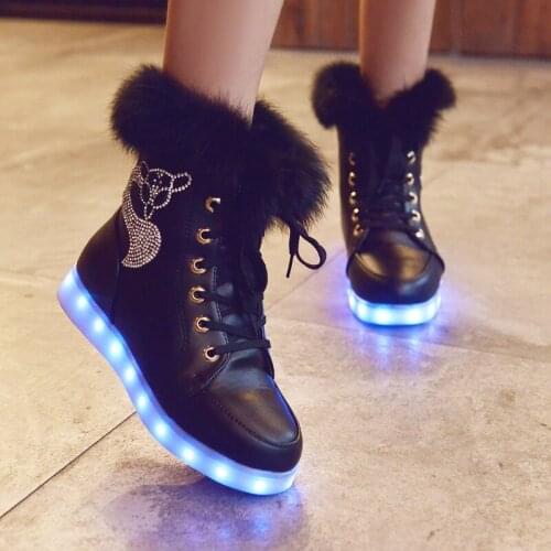 2020 Shoes for Children Winter Women Shoes Boots Platform Boots Kids Shoes Real Rabbit Fur Gifts for Girls LED Glowing Keep Warm