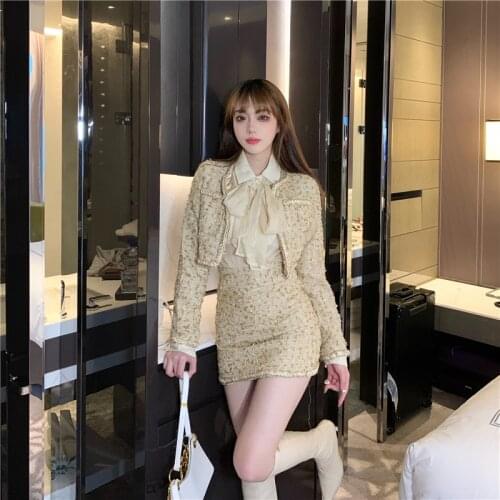 Two-Piece Set Women 2020 Winter Elegant Temperament Gold Silk Thread Woven Pocket Tweed Jacket + High Waist Skirts Suit Female