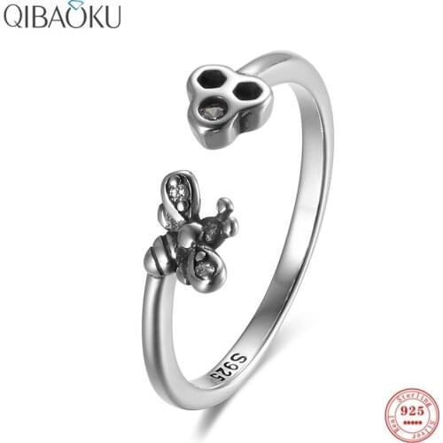 925 Sterling Silver Oxide Ring Bee Zircon Cute Stylish Opening Ring Fine Jewelry Gift Silver Finger Rings for Women