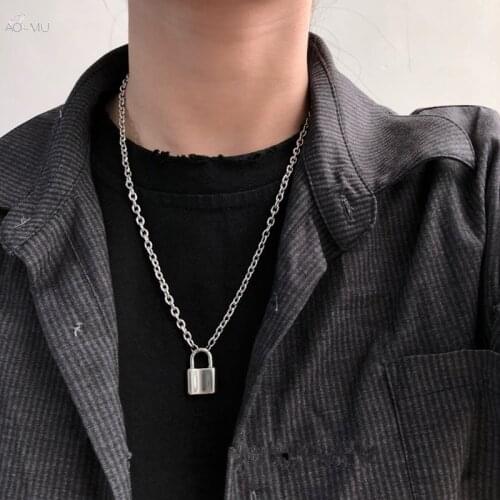 AOMU Vintage Metal Gold/Silver Color Lock Pendant Necklace Statement Long Chain Necklace For Women Men Jewelry Necklace