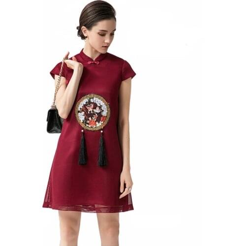 Womens loose A-Line Cheongsam 2018 New High Fashion red Rayon Cheongsam Chinese Classic Womens Qipao Elegant Mini Dress