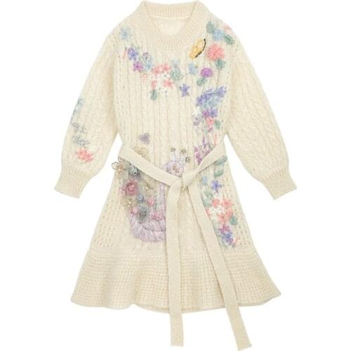 Women 2020 Fashion 3D Flower Printed Sweater Dress O Neck Belted Waisted Appliques Knitted Dress Elegant Thick Warm slim Dress