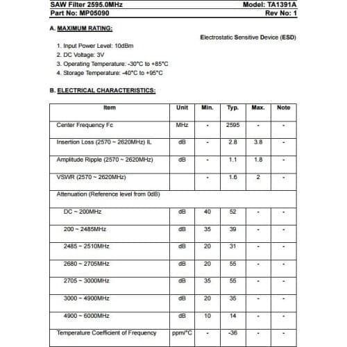 5PCS 10PCS TA1391A SAW Filter 2595.0MHz