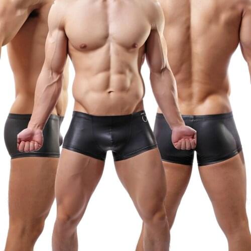 Men PU Leather Boxer Shorts Sexy Underwears New Male Trunks Dance Boxer Underwear Lingerie Male Short Masculina Swimwear