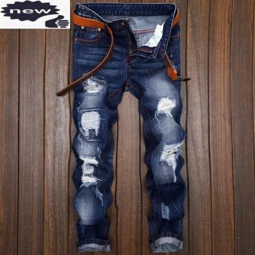 Personality Punk Mens Jeans Trousers Hole Ripped Denim Pants Back Fashion Embroidery Cowboy Retro Pantalones Free Shipping