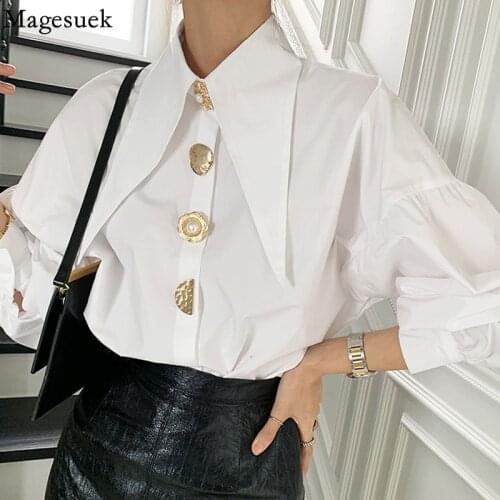 Elegant Korean White Shirt Woman Office Lady Cotton Blouse Chic Button Up Ladies Loose Lantern Sleeve Tops Female Blusas 15631