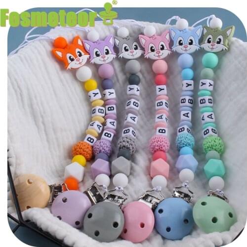 Fosmeteor Personalized Name Handmade Pacifier Clips Holder Chain Silicone Pacifier Chains Set Civet Cat Baby Teether Chain