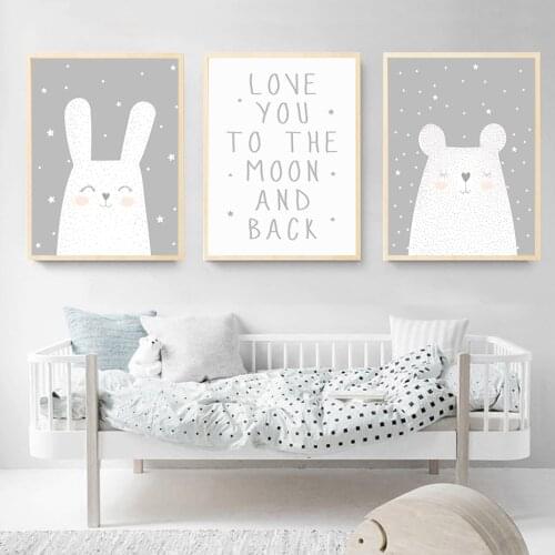 White Smiling Bear Love You Moon Canvas Painting Nursery Wall Art Prints Poster Pictures for Kids Bedroom Home Decor No Frame