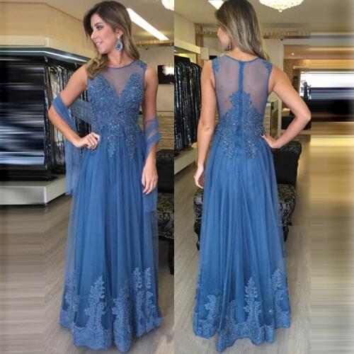 Beautiful Blue Mother Of The Bride Dresses Tulle Appliques Beaded With Stole Jewel Neck Ladies Party Gowns платье с кружевом2019