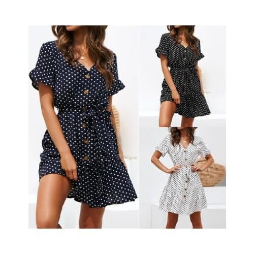 Summer Chiffon Dress Polka Dot Boho Beach Dress Vintage Ruffles Short Sleeve A-Line Party Mini Dress Sundress Vestidos Plus Size