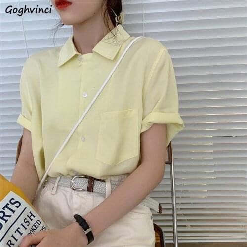 Summer Shirts Women Solid Simple Loose Korean Style Vintage Short Sleeve Female Tops Retro All-match Sweet Ulzzang Temperament