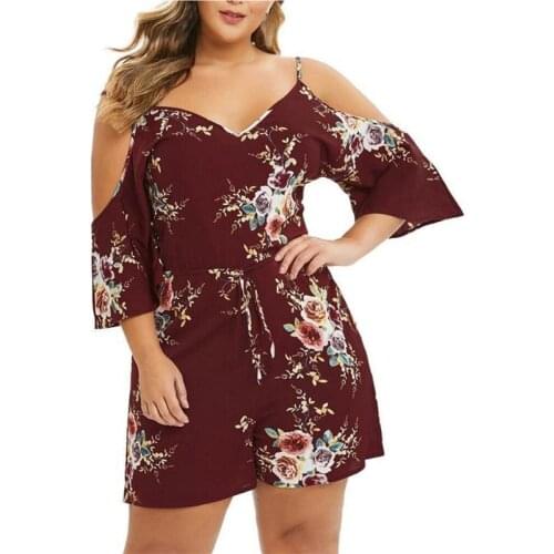 Summer Ladies Plus Size Fashion Suspenders V-Neck Strapless Short-Sleeved Comfortable Flower Print One-Piece Shorts Mid-Waist