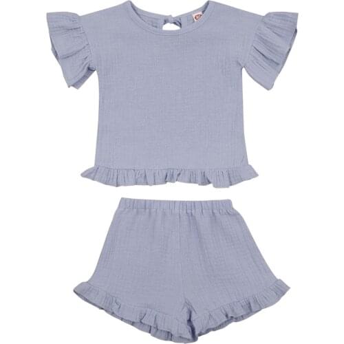Summer Childrens Clothes Kids Girl Ruffled Short Sleeves Shirt Ruffled Decoration Neckline Bandage Tops Shorts Babies 2021