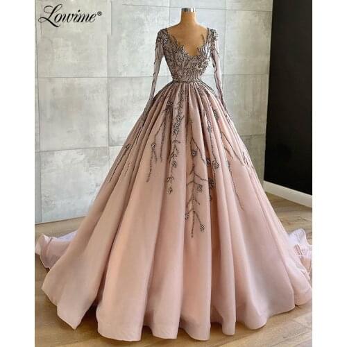 Lowime Puffy Beaded Prom Dresses A-Line Long Sleeves Formal Evening Dress Dubai Arabic Party Gown 2021 Robe Crystal Evening Wear