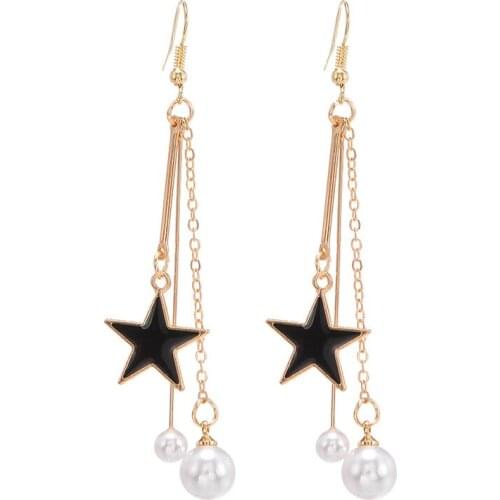 Cute And Simple Five-Pointed Star Pearl Long Tassel Earrings Personality Fashion Retro Temperament Earrings Girlfriend Gift