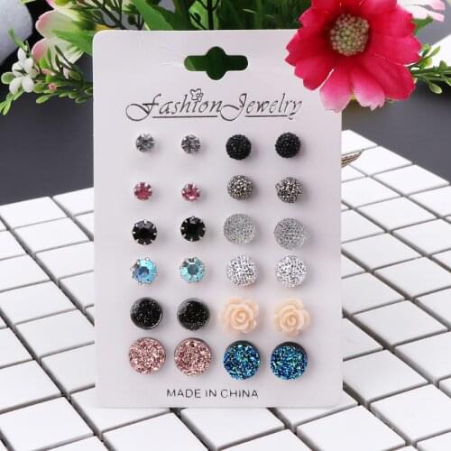 12 Pairs Assorted Crystals Druzy Stone Resin Stone Round Stud Earrings Set Women