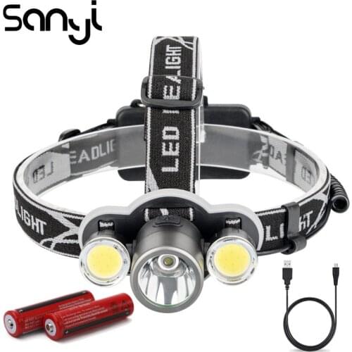 SANYI 1*T6 + 2*COB LED Headlamp Flashlight Head USB Charging 2*18650 Battery Head Light 5 Modes LED Headlight Forehead
