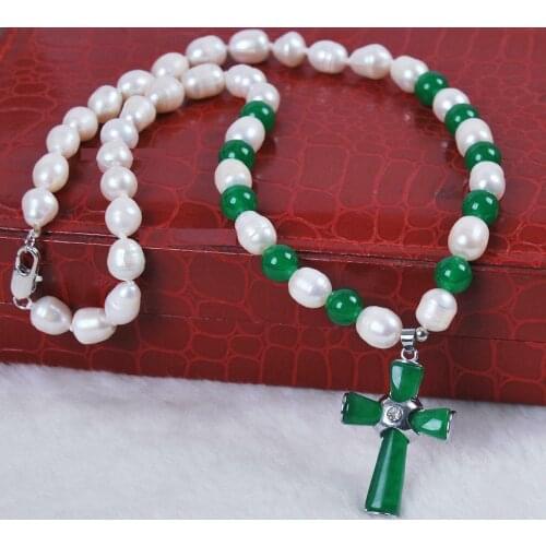 Genuine White Freshwater Cultured Pearl/Green Jade Cross pendant(25X35MM) necklace 18 INCH