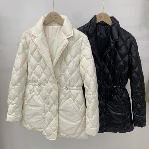 The new diamond lattice down jacket womens mid-length drawstring waist is thinner white duck down suit collar light jacket