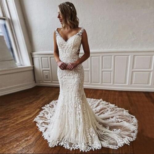 Charming Mermaid Wedding Dress 2021 V-Neck Lace Appliques Vestido De Noiva Transparent Back Bride Dresses With Romantic Buttons