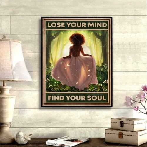 Black girl poster canvas, lose your mind, find your soul poster, girl enters the forest art, retro black female art decoration p