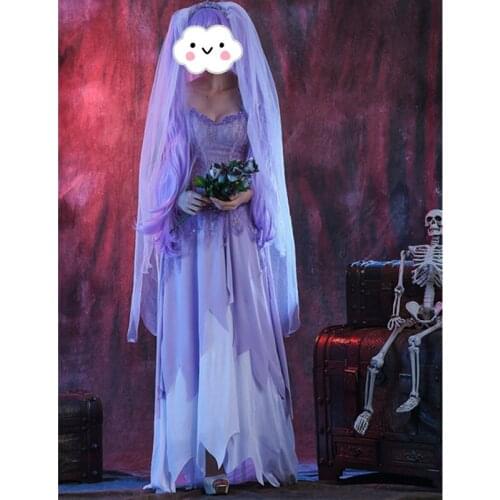 Deluxe Womans Lace Purple Long Dress Halloween Cosplay Ghost Bride Costumes Spirit Festival Disfraces Bride costume