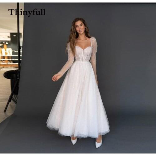 Thinyfull Sparkly Sequins Short Wedding Dresses 2021 Long Sleeves A Line Sweetheart Beach Wedding Party Gowns Princess Robes