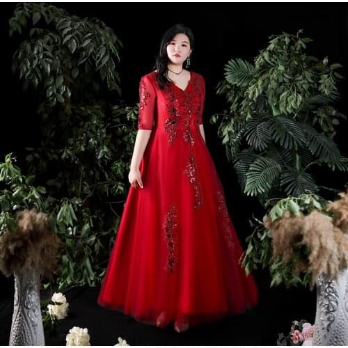 Evening Dress Women Burgundy A-Line Evening Dress Lace Half Sleeves Floor-Length Plus Size Party Dresses Formal Gown 2020 D011