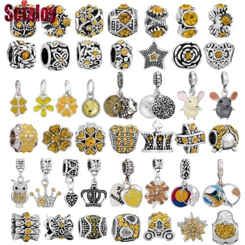 Seialoy Yellow Rhinestone Beaded Enamel Mouse Charm Pendant Fit Brands Charms Bracelets DIY Necklace Jewelry Making Accessories