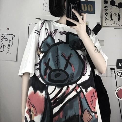 Women Gothic Anime T Shirt Graphic Bear Tshirt Short Sleeve Korean Pastel Goth Kawaii Clothes Grunge Tops Tee Shirt Femme 2021